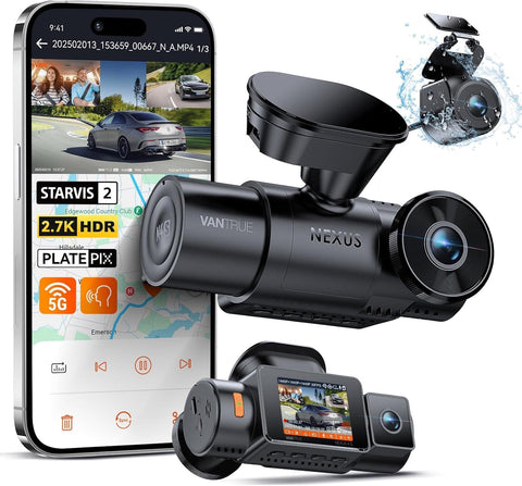 VANTRUE N4S Triple STARVIS 2 Dashcam Voiture 2.7K+2.5K+2.5K Avant et Arrière, 5GHz WiFi GPS Camera Embarquée Infrarouge, 3 Canuax HDR 360°, Contrôle Vocale Français, 10s Pré-Enregistrement, Max 1 to