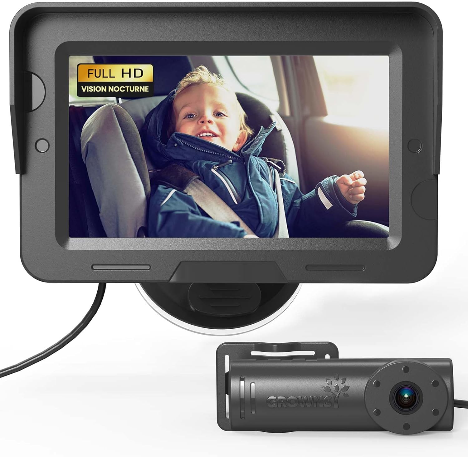 GROWNSY Camera Voiture Bébé avec Vision Nocturne et Grand Angle, Miroir Voiture Bébé HD 1080P Retroviseur Voiture Bebe, USB Plug & Play, Installation Facile