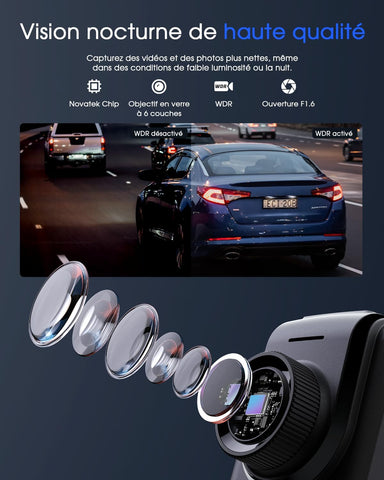 2K Dashcam Avant Wi-FI, Camera Embarquée Voiture App, PEC du Module GPS Externe, Grand Angle de 170°, Vision Nocturne, 24H Mode Parking, Détection de Mouvement, Capteur G, Enregistrement en Boucle