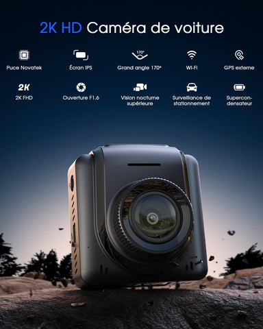 2K Dashcam Avant Wi-FI, Camera Embarquée Voiture App, PEC du Module GPS Externe, Grand Angle de 170°, Vision Nocturne, 24H Mode Parking, Détection de Mouvement, Capteur G, Enregistrement en Boucle