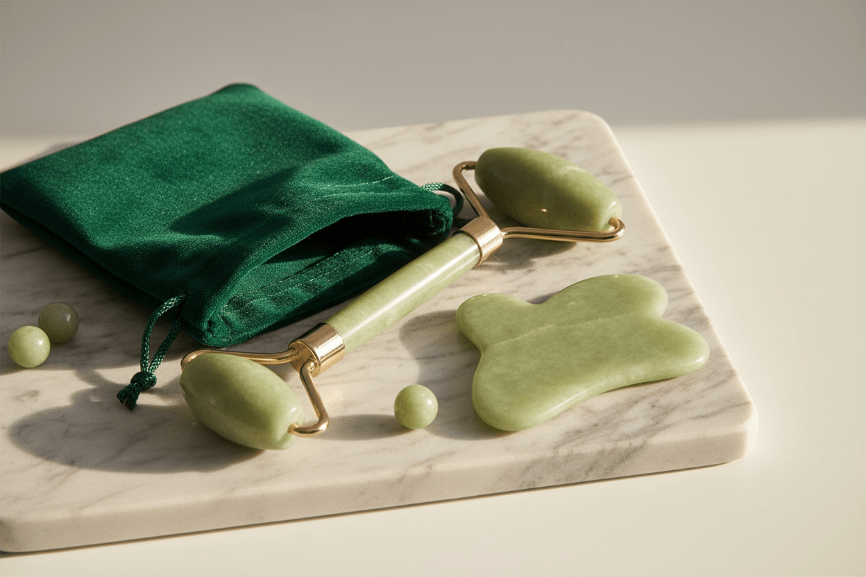 Rouleau de Jade Facial + Gua Sha - Massage Anti - Âge & Drainage Lymphatique - Home Chic Choc